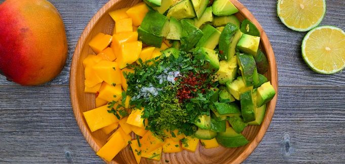 Mango and avocado with cilantro and spices.
