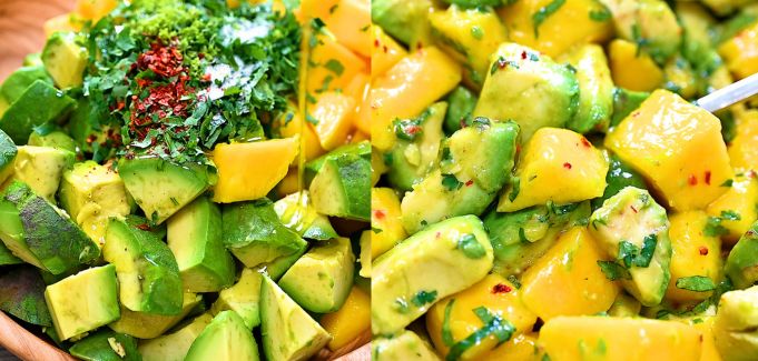 Mixing mango and avocado with lime and olive oil.