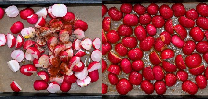 Radishes tossed with olive oil and spices on a baking sheet.