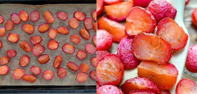 Tender roasted radishes with caramelized edges.