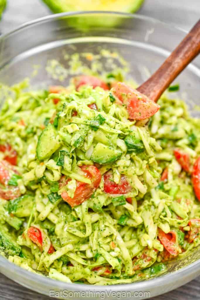 Cabbage salad with avocado dressing in a bowl