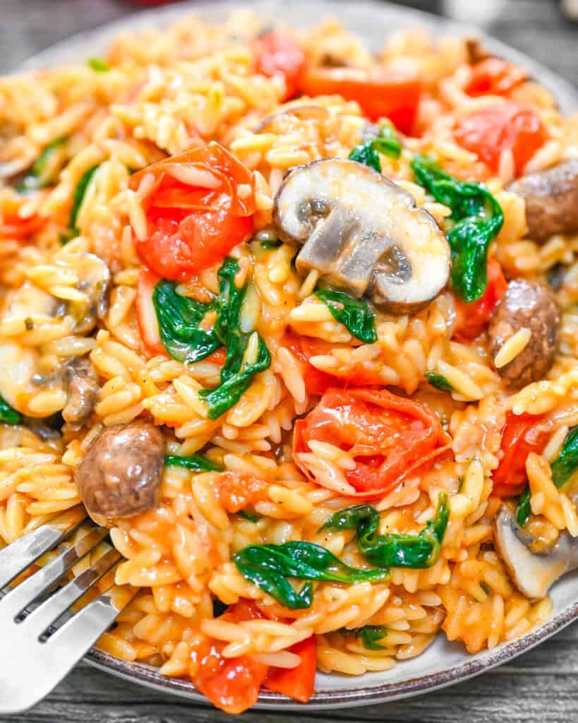 Creamy one-pan orzo with mushrooms, spinach, and cherry tomatoes, close-up