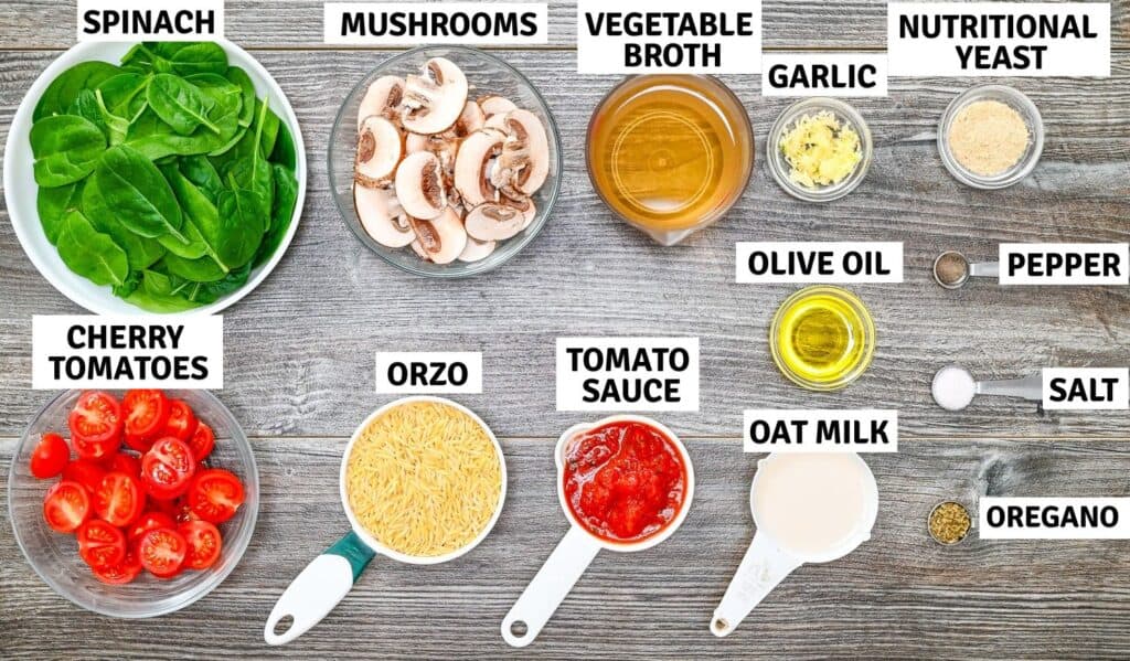 Ingredients for this easy orzo recipe on a wooden table