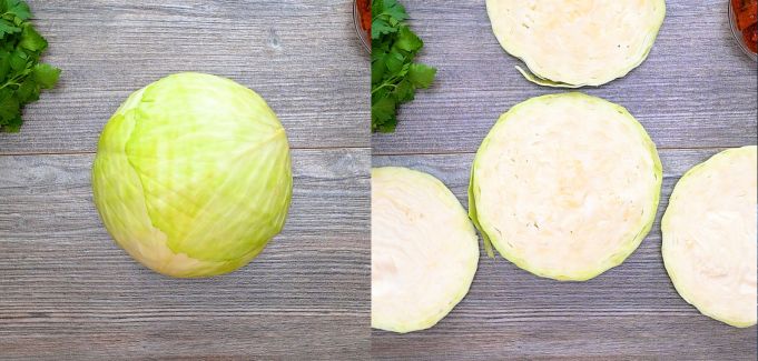 Whole cabbage and sliced cabbage steaks on table