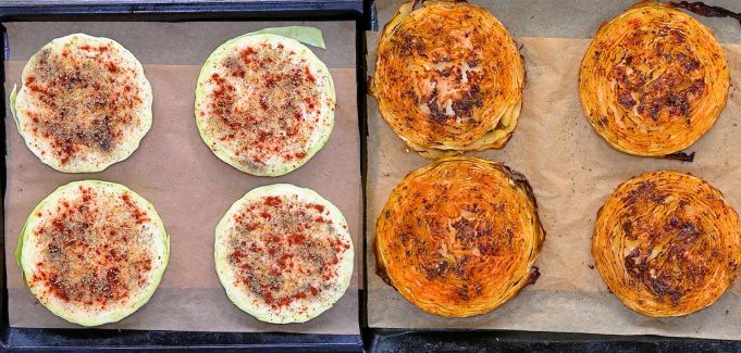 Seasoned cabbage steaks before and after roasting