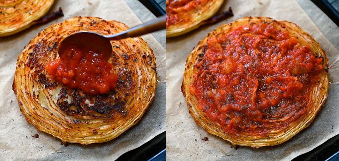 Roasted cabbage steak topped with marinara sauce