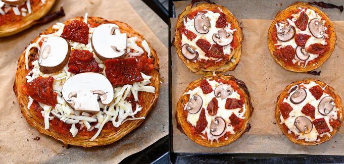 Cabbage pizza steaks with toppings before baking