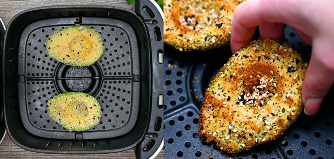 Air frying breaded avocado halves until crispy