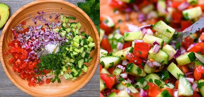Mixing cucumber tomato salad with red onion and parsley