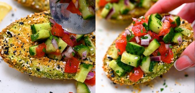 Topping crispy avocado with cucumber tomato salad