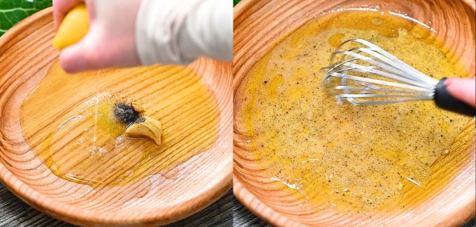 Whisking lemon dressing in a bowl