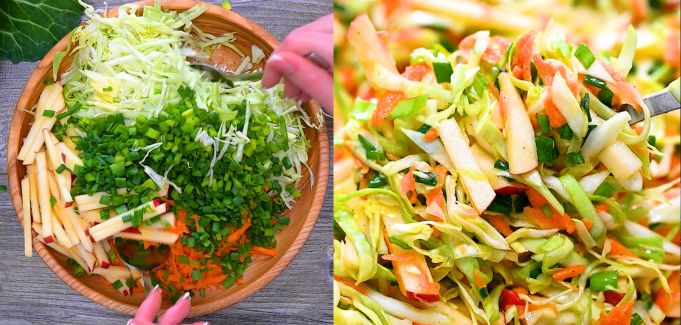 Tossing the salad in a bowl until evenly mixed