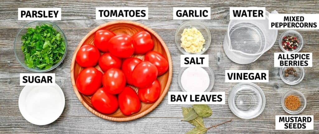 fresh ingredients for marinating tomatoes on a table