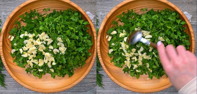 mixing chopped parsley and garlic