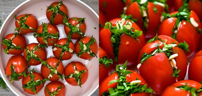 arranging stuffed tomatoes in a pot