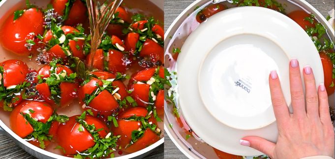 pouring marinade over tomatoes and covering