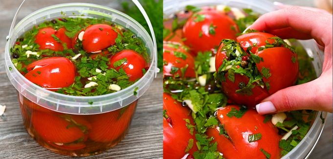 ready marinated tomatoes with garlic and herbs