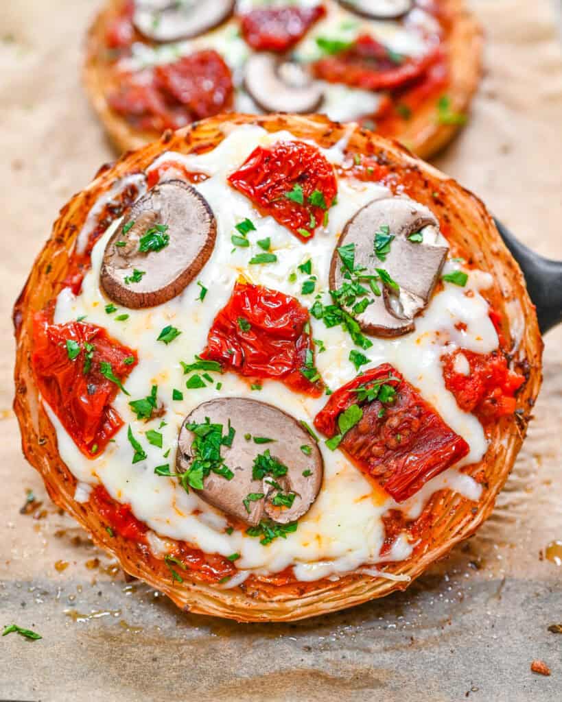 Cabbage pizza steak with mushrooms and cheese
