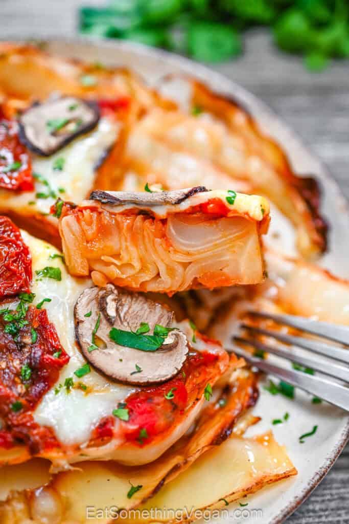Cabbage pizza steak cross section with melted cheese