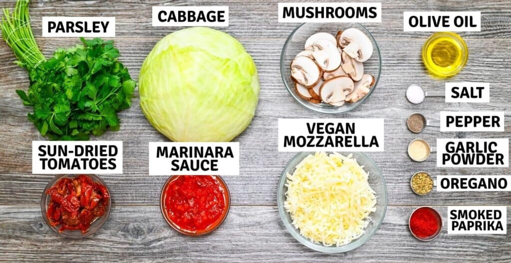 Cabbage pizza steak ingredients on table