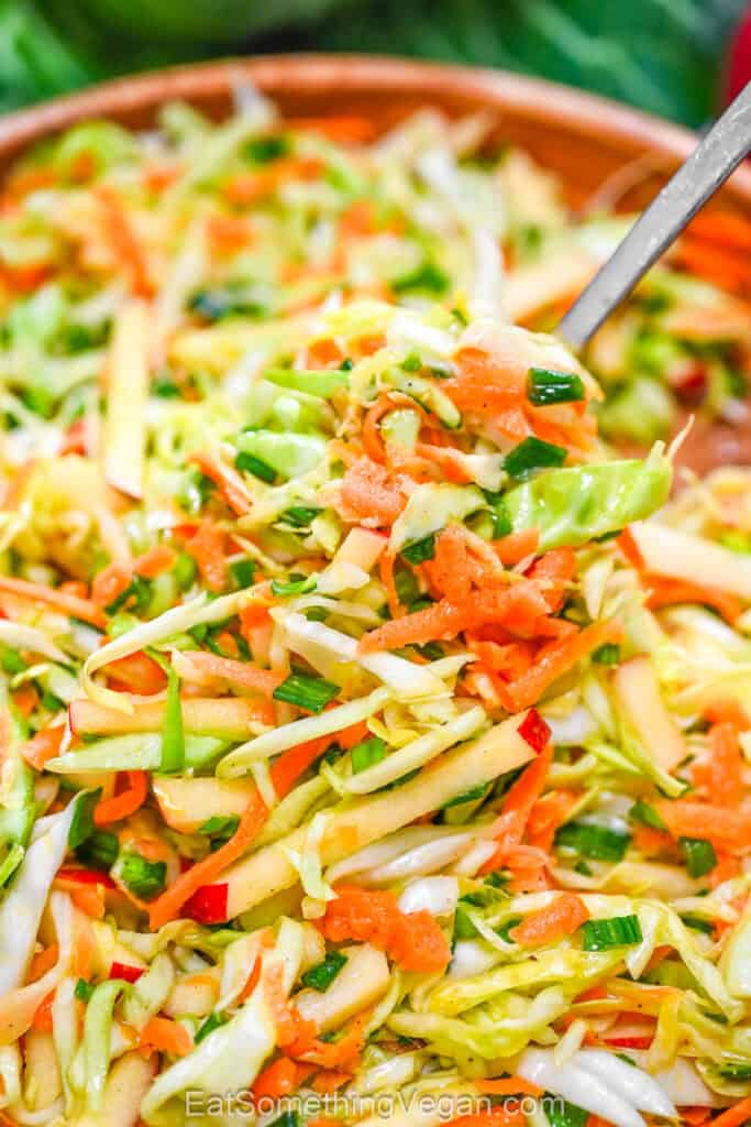 Spoon lifting crunchy cabbage apple salad from a bowl