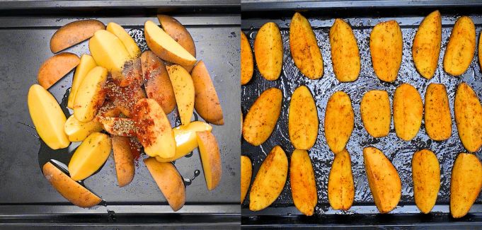 Season potatoes on a tray