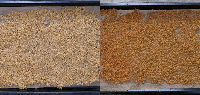 Quinoa before and after baking on a sheet pan