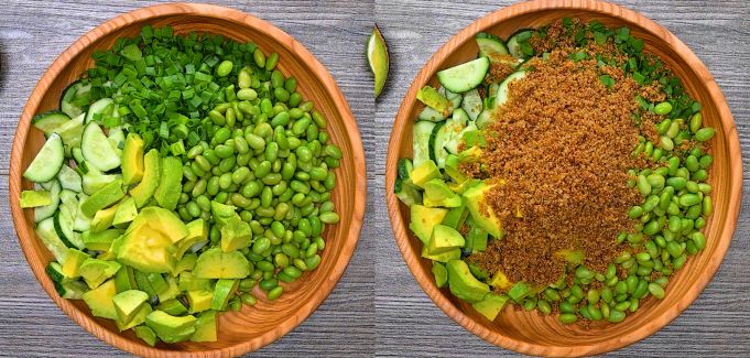 Salad ingredients in a bowl before and after adding crispy quinoa