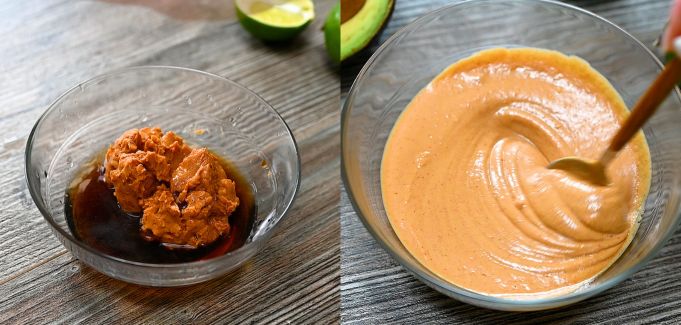Peanut dressing being mixed until smooth