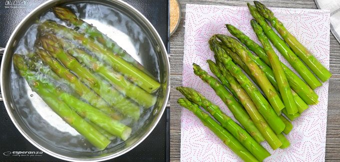A two-panel image showing green asparagus boiling in a pot of water on the left, and blanched asparagus spears drying on a paper towel on the right.