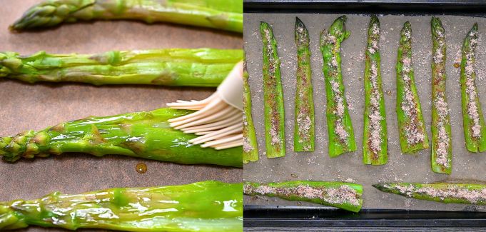A two-panel image showing a silicone brush coating smashed asparagus with olive oil on the left, and the spears sprinkled with seasoning on a parchment-lined baking sheet on the right.