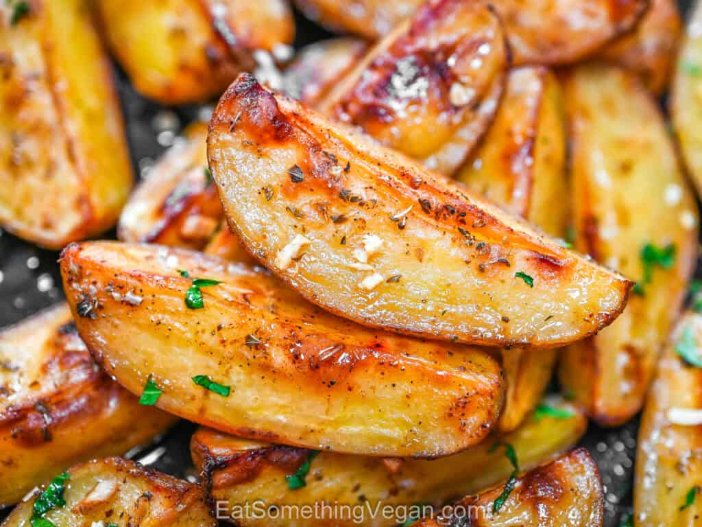 Crispy lemon garlic potatoes close-up