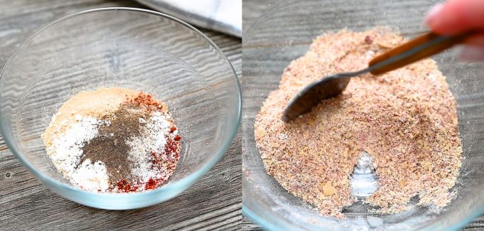 A two-panel image showing dry spices like paprika, garlic powder, and nutritional yeast in a glass bowl on the left, and being mixed with a spoon on the right.
