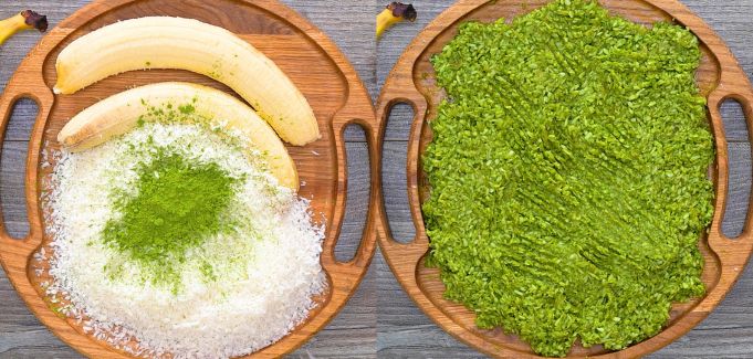 A two-panel step-by-step process photo showing whole ingredients on a wooden board on the left, and the mixed green dough flattened out on the right.