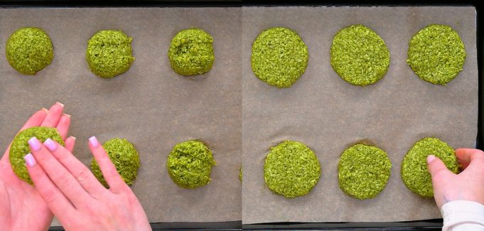 A two-part image showing hands rolling green dough into small balls on the left, and flattened disks arranged on parchment paper on a baking sheet on the right.