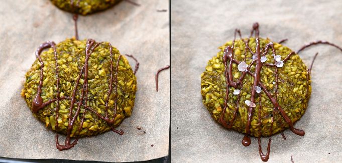 A two-panel photo showing a green treat being drizzled with melted dark chocolate on the left, and sprinkled with flaky sea salt on the right.