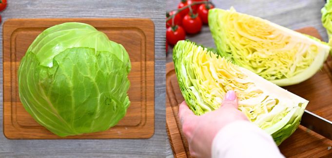 Slicing a whole green vegetable into thick wedges with a sharp knife on a wooden board.