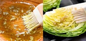 A two-panel image showing a silicone brush mixing garlic oil and spices in a wooden bowl on the left, and the same brush coating a raw cabbage wedge with the oil mixture on the right.