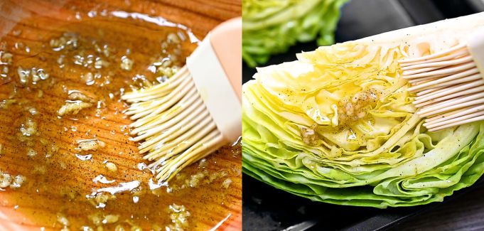 Mixing garlic-infused oil and using a silicone brush to coat raw cabbage wedges with seasoning.