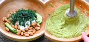 A two-panel image showing white beans, avocado, yogurt, and fresh dill in a wooden bowl on the left, and an immersion blender creating a smooth green cream in the same bowl on the right.