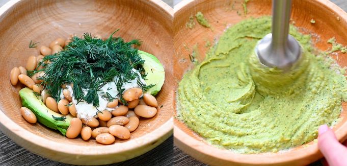 Ingredients for the plant-based spread and using an immersion blender to create a smooth avocado and white bean cream.