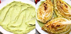 A two-panel image showing the smooth avocado white bean cream being spread onto a white plate on the left, and roasted cabbage wedges placed on top of the cream and sprinkled with pine nuts on the right.