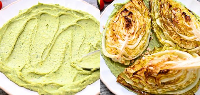 Spreading smooth avocado cream on a plate and topping it with roasted cabbage wedges and pine nuts.