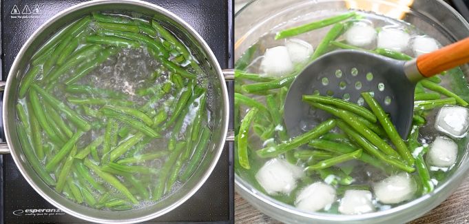 Blanching green beans in boiling water and transferring them to a bowl with an ice bath.