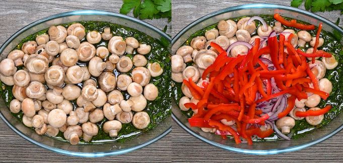 A two-panel photo showing whole mushrooms added to green marinade in a glass bowl on the left, and topped with sliced red peppers and purple onions on the right.