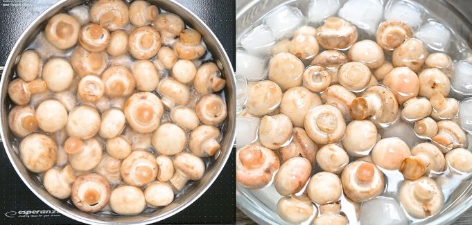 A two-panel photo showing white button mushrooms boiling in a pot of water on the left, and cooling in a bowl of ice water on the right.