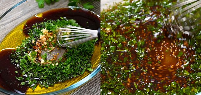 A two-panel photo showing the marinade ingredients like chopped herbs, garlic, and oils being whisked together in a glass bowl.
