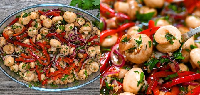 A two-panel photo showing an overhead view of marinated whole mushrooms, red pepper slices, and purple onions in a glass bowl on the left, and a close-up of a metal spoon holding several marinated mushrooms on the right.