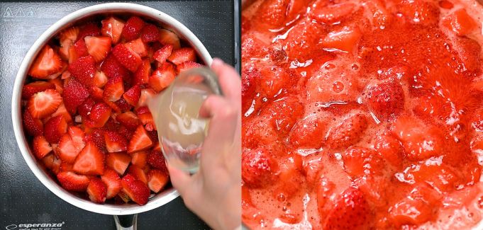 Pouring lemon juice over chopped strawberries and simmering them in a saucepan.