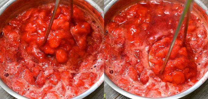 Mashing softened strawberries with a potato masher in a saucepan to make jam.